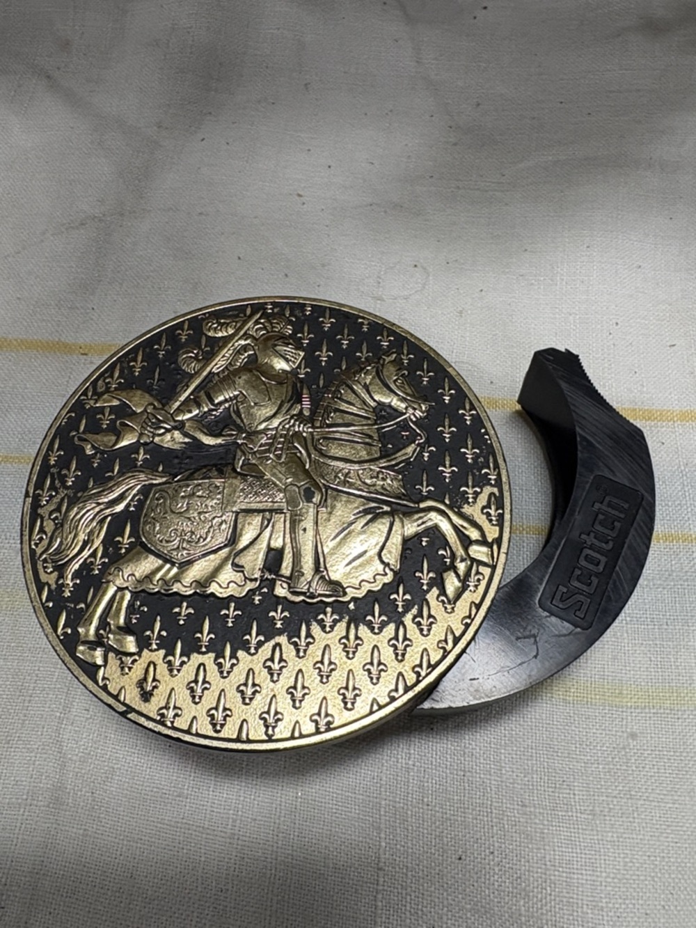 vintage Scotch tape dispenser gold-colored, embossed knight on horseback design